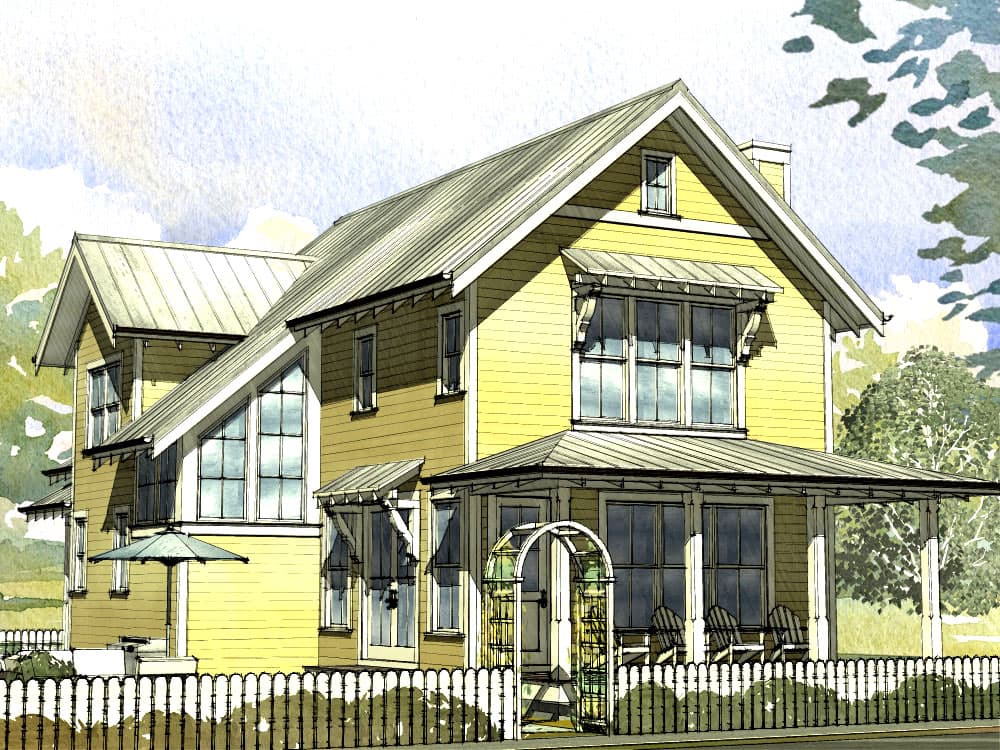 House plan exterior rendering. Two-story design with a gable roof, metal awnings over windows, and a wraparound porch with multiple seating areas.