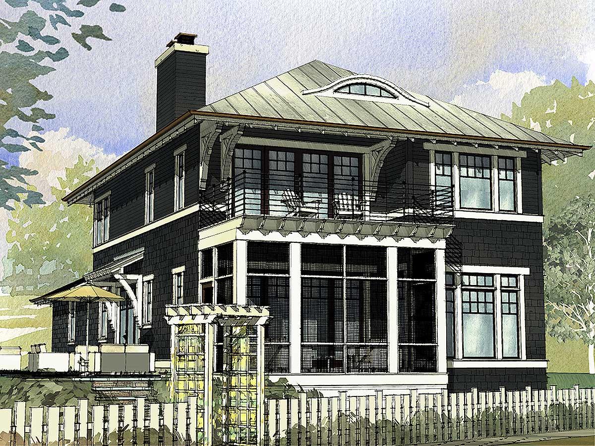 House plan exterior. Two-story Craftsman home with a screened porch, balcony, and metal roof. Features include a prominent chimney and dormer window.