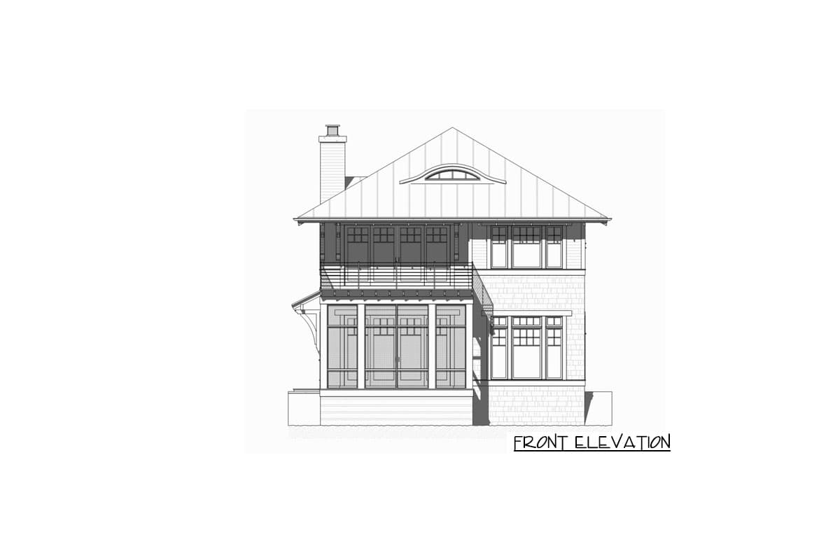 Front elevation drawing of a two-story house with a hip roof, dormer, screened porch, and chimney.