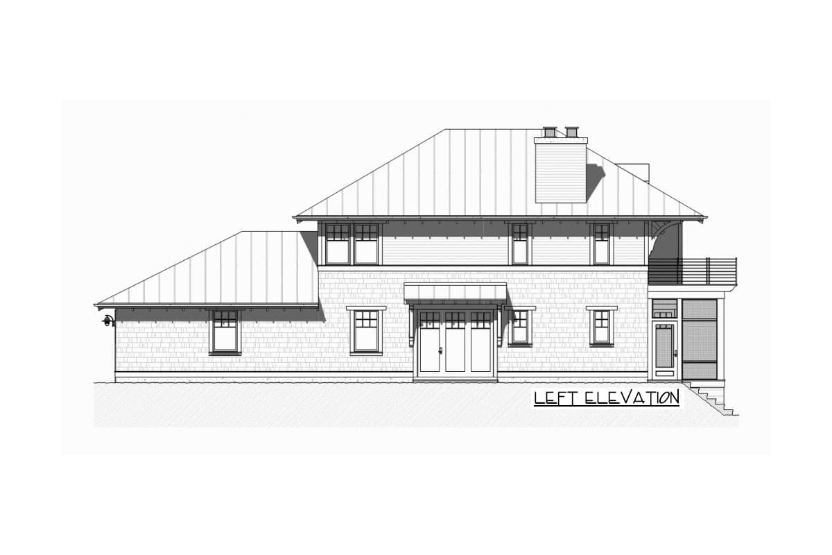 Left elevation house plan showing two stories, metal gable roofs, dormers, a prominent chimney, and a covered entry.