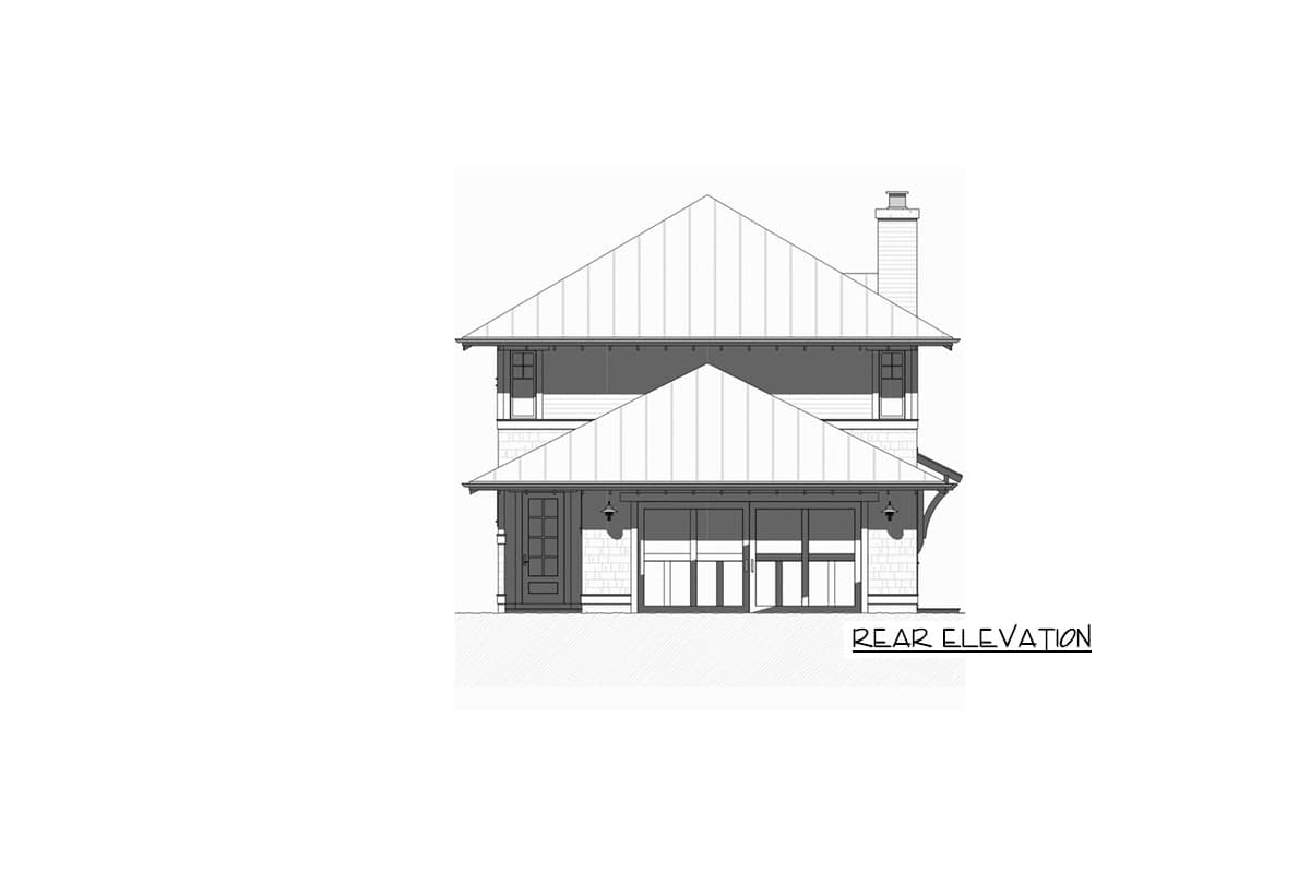 Rear elevation drawing of a two-story house with a metal roof, prominent gables, a door, and a triple-door garage.