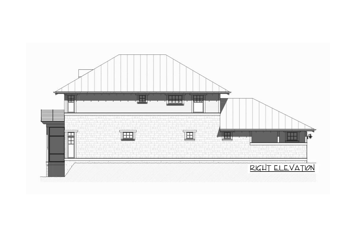 House plan right elevation featuring multi-story design, horizontal siding, brick facade, and hipped roof.