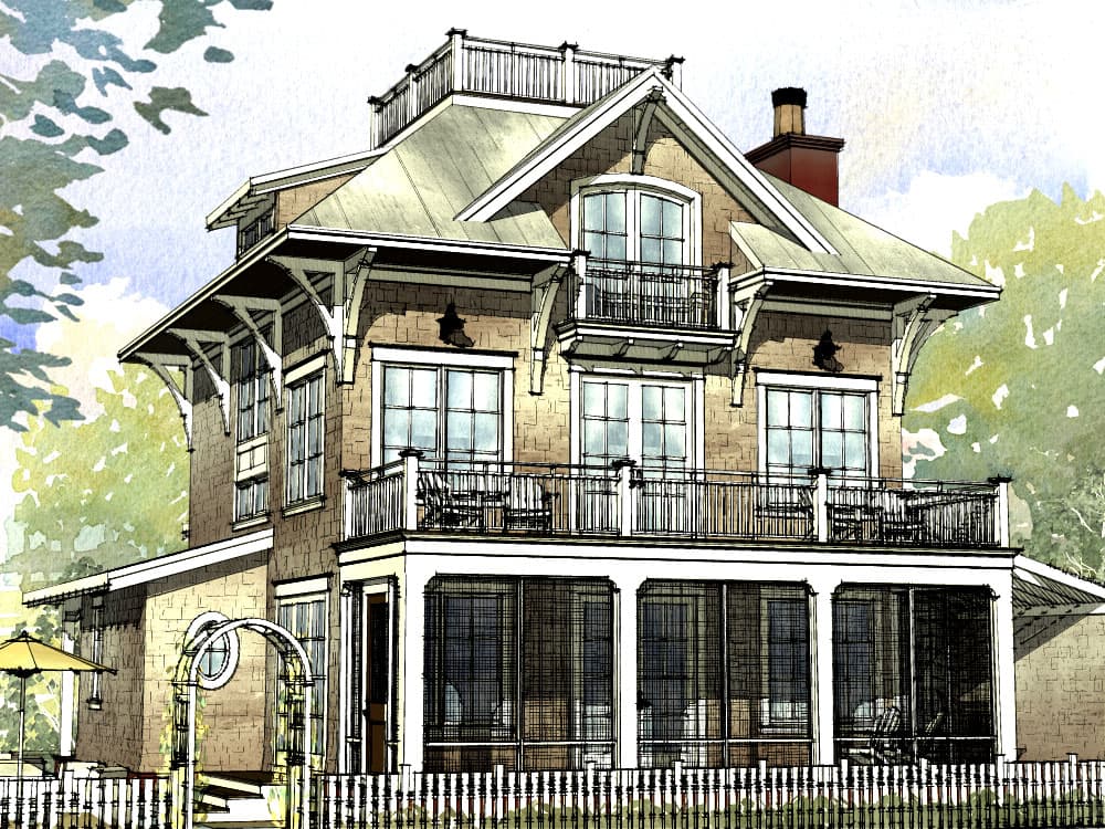House plan exterior rendering. Two-story Craftsman style home with second-story balconies, bracketed eaves, and a screened porch.