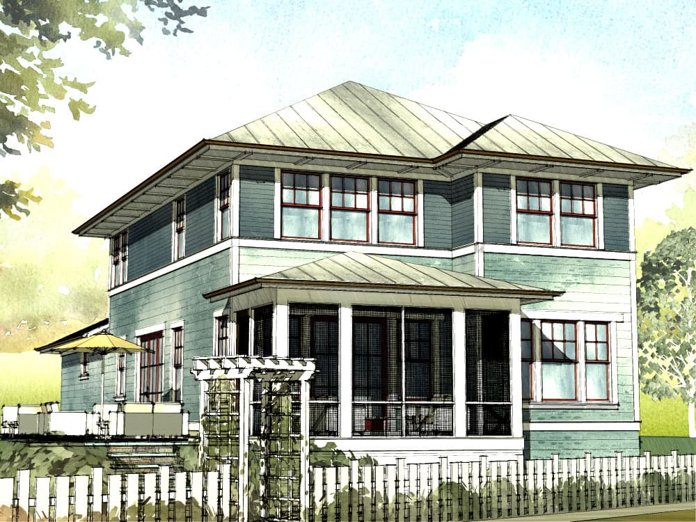 House plan exterior: Two-story home with a hip roof, wide eaves, screened porch, and horizontal siding.
