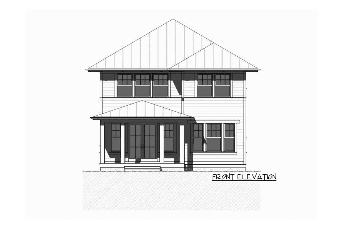 Front elevation drawing of a two-story house with a metal roof, front porch, and multiple windows.