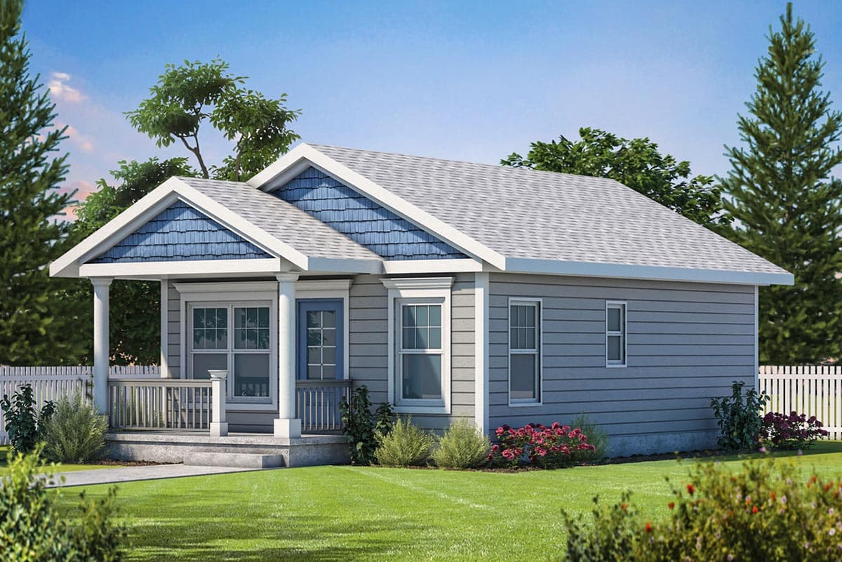 House plan exterior. One-story house with gabled roof, small front porch with columns, and decorative blue gable detailing.