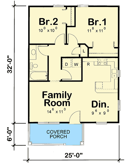 Plan 42419DB: 2 Bed Tiny House Plan with Cozy Front Porch - Floor Plan - Main Level - Cottage, Country, Traditional