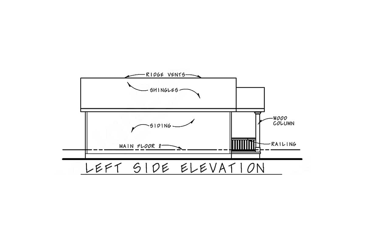 Left side elevation drawing shows siding, shingles, ridge vents, wood columns, and railing on the main floor.