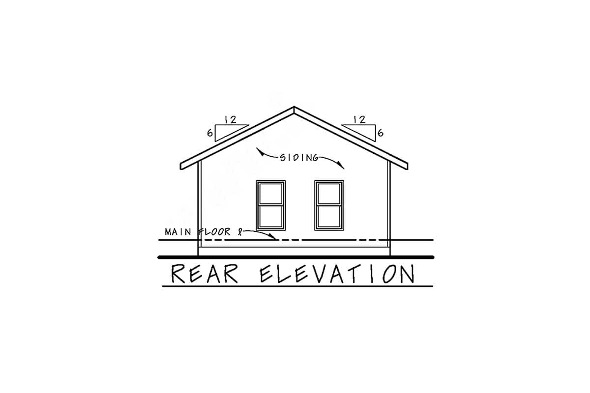 Rear elevation drawing of a house plan showing a gable roof, two windows, and main floor line.