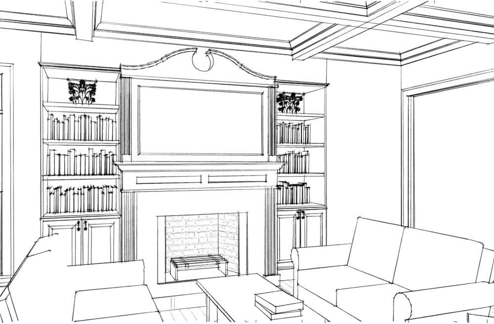 Living room sketch featuring a brick fireplace, built-in bookshelves, coffered ceiling, and seating.