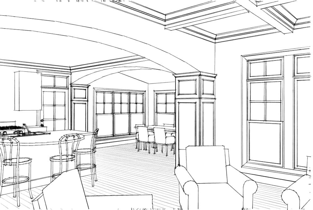 Interior rendering showing a kitchen island, dining area, and seating area with a coffered ceiling and arched entryway.