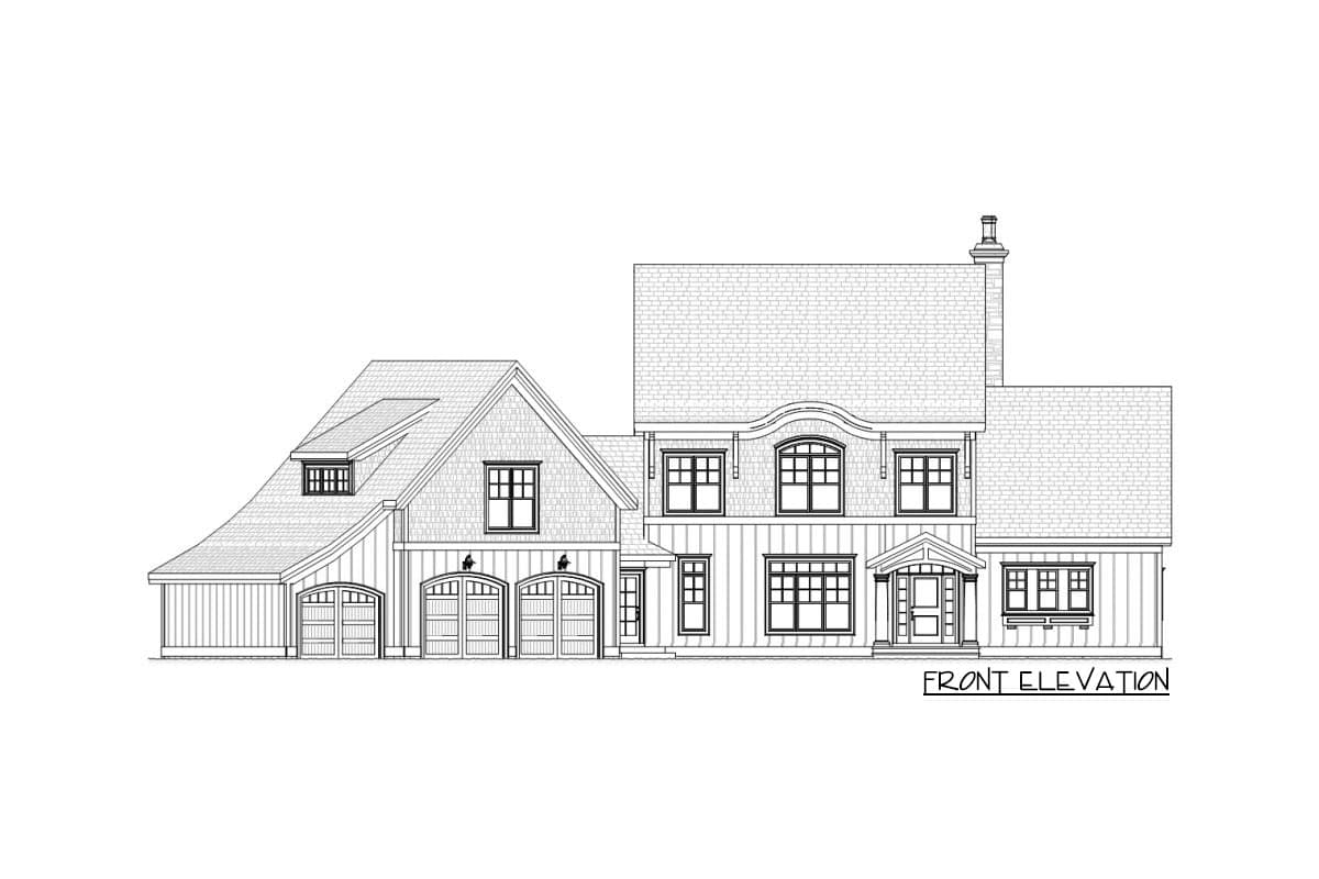 Front elevation house plan with gambrel roof, dormer, porch, and three-car garage.