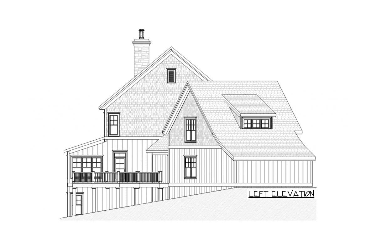 Left elevation house plan showing a two-story structure with a prominent chimney, gabled dormers, and a wraparound deck.