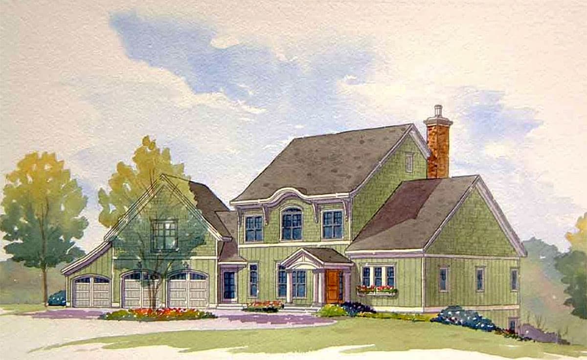 House plan exterior rendering. Two-story home with gabled roof, dormers, and attached garage. Features include a front porch and a prominent chimney.