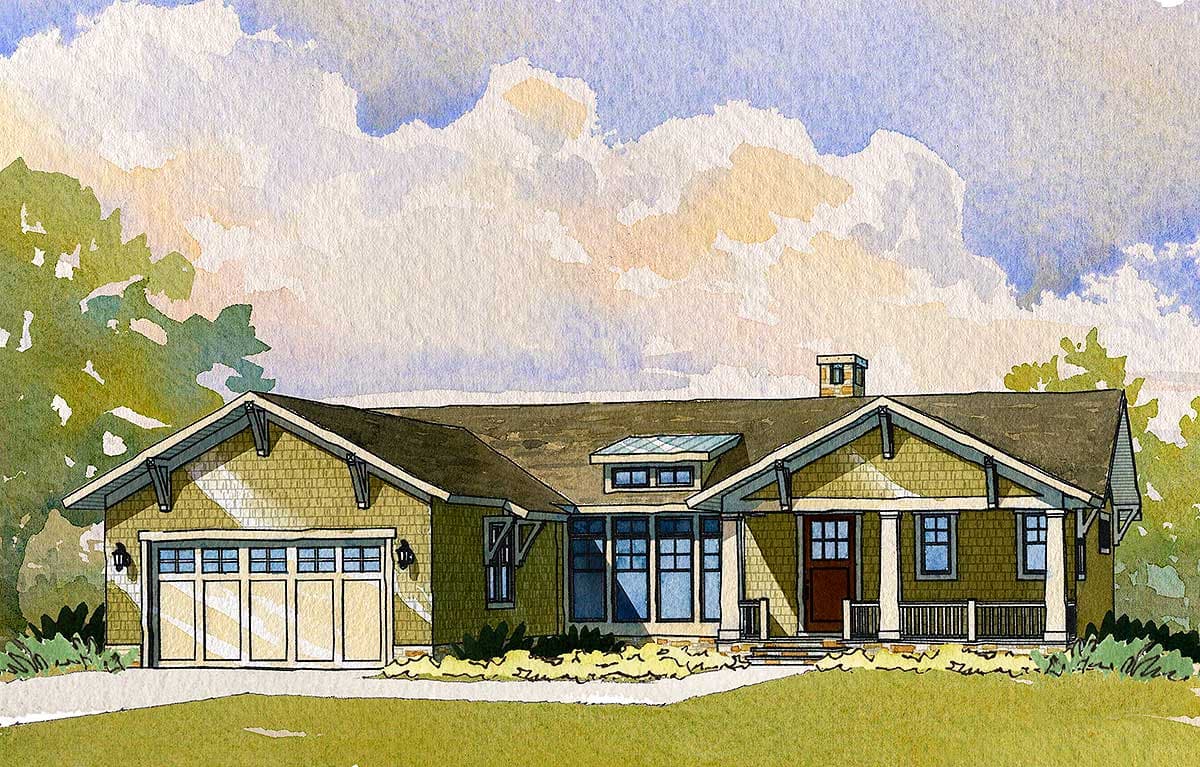 Craftsman-style house plan exterior with a single story, gabled roof, a front porch with columns, and a garage with a gabled roof.