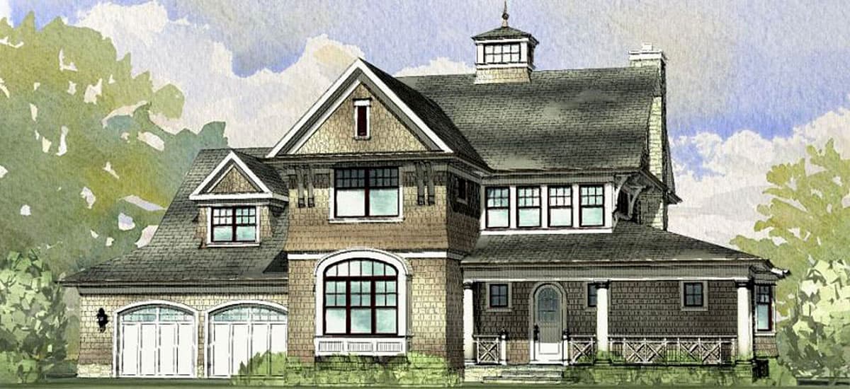 House plan exterior rendering, two-story Craftsman style home with gables, dormers, and a covered porch with columns and railings.