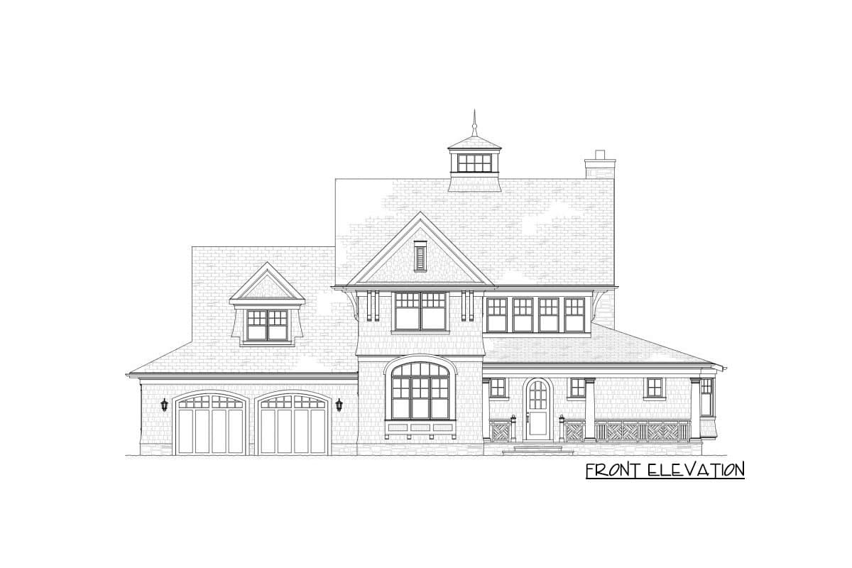 Front elevation drawing of a house plan, showing a two-car garage, dormer, gables, and a covered porch.