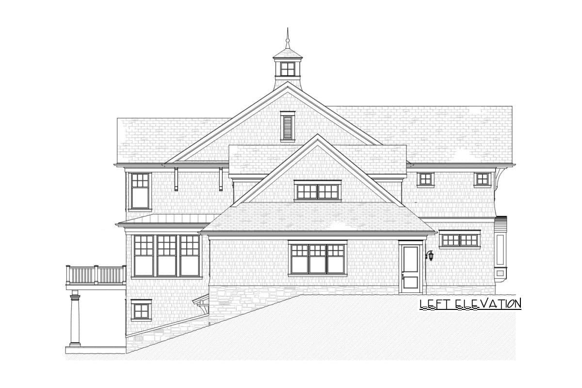 Left elevation drawing of a two-story house with dormers, multiple gables, and a cupola.