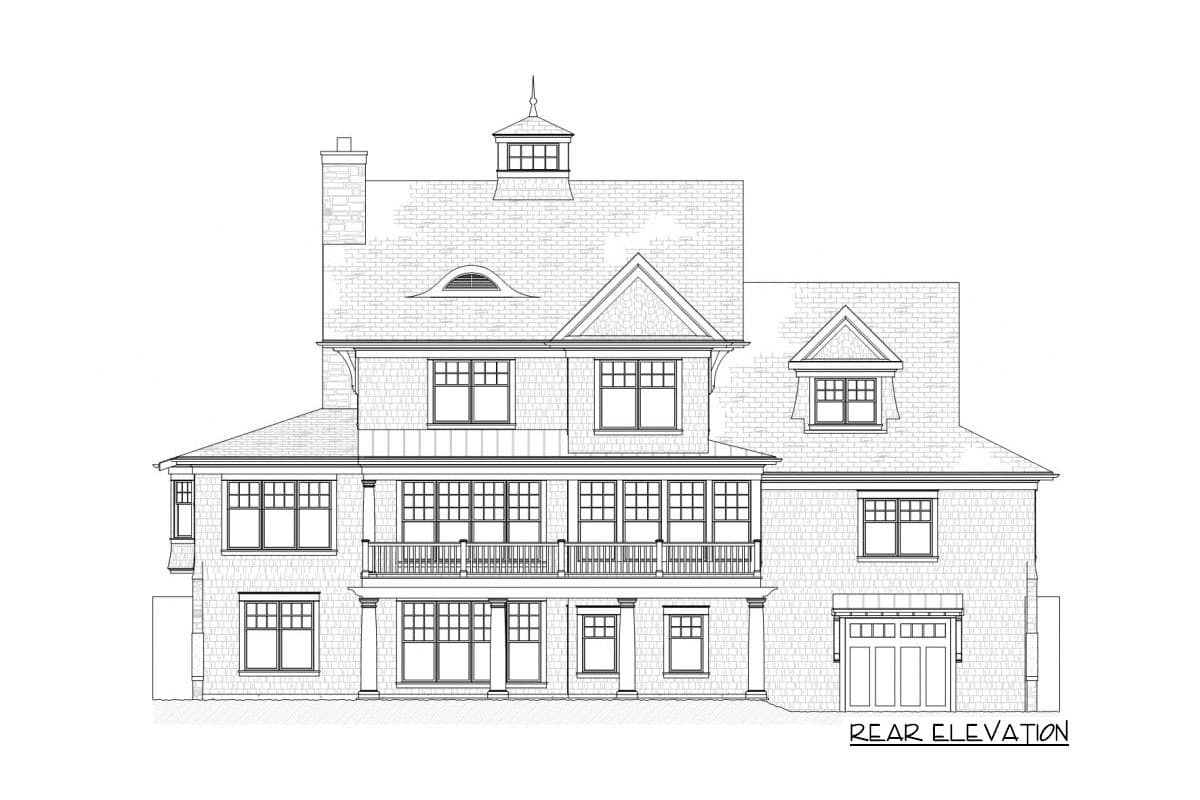Rear elevation drawing of a multi-story house plan with a dormer, cupola, multiple gables, and a two-car garage.