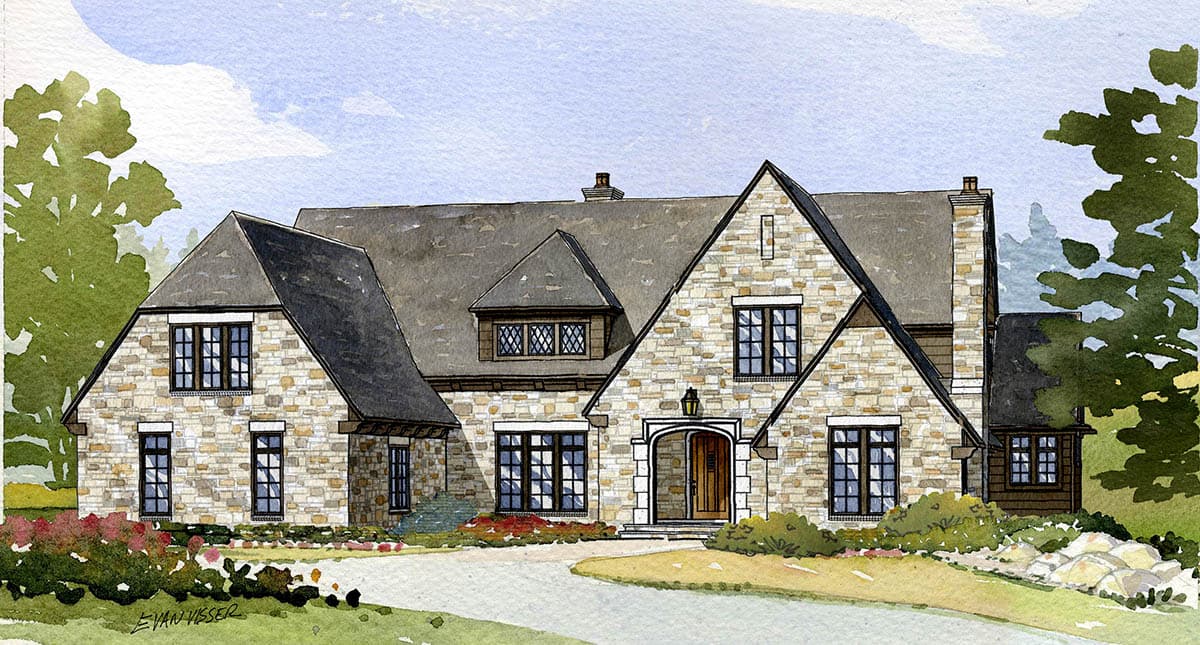 House plan exterior with stone facade, multiple gables, and a steeply pitched roof. Features a covered entry and dormer windows.