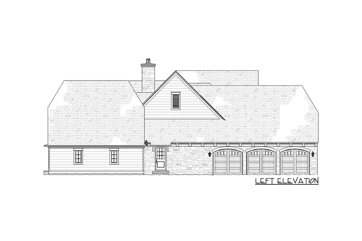 Left elevation house plan shows a large structure with a prominent gable dormer, stone facade, and three arched garage bays.