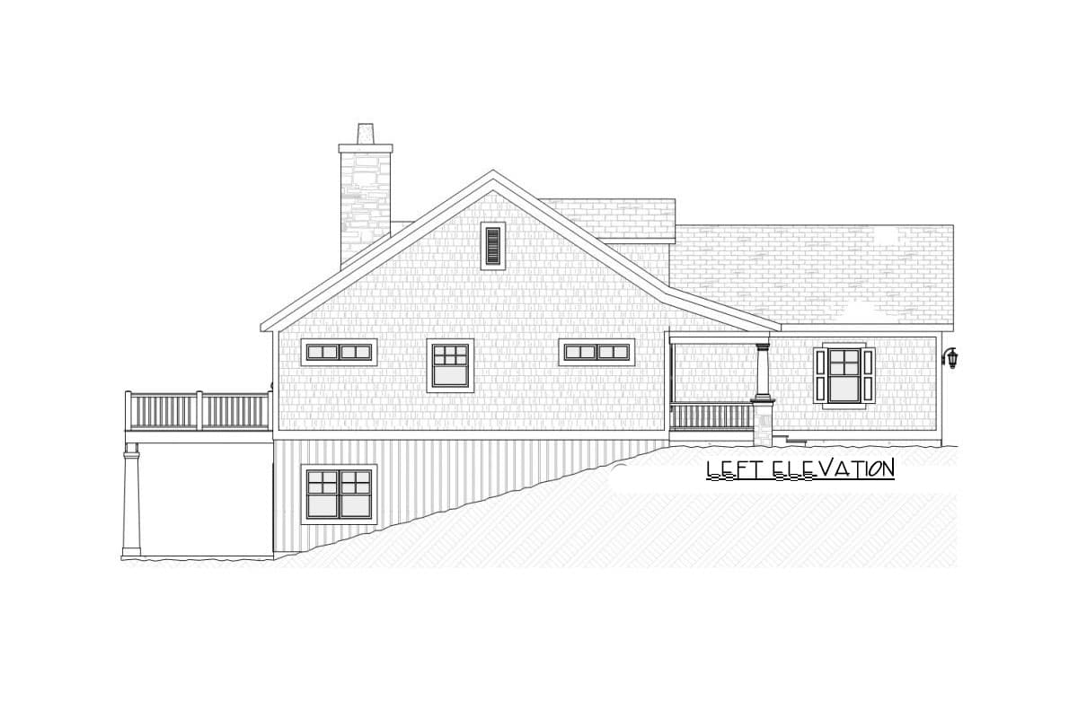 Left elevation drawing of a house plan featuring a prominent gable, dormer, shingle siding, chimney, and covered porch.