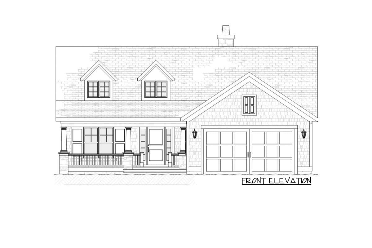 Front elevation house plan drawing with covered porch, two dormers, and a two-car garage.