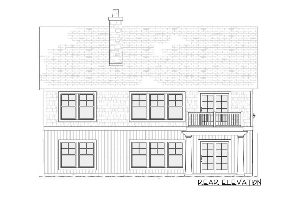 Rear elevation drawing of a two-story house plan with a chimney, multiple windows, and a balcony.