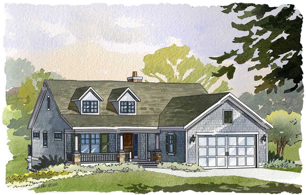 House plan exterior rendering. Features include a Craftsman style, two stories, front porch, dormers, and a two-car garage.