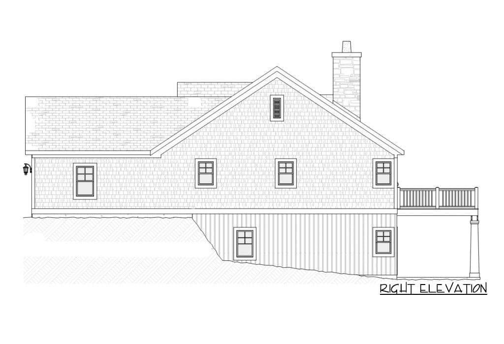 House plan right elevation showing a two-story structure with gabled roof, dormer, chimney, and deck.
