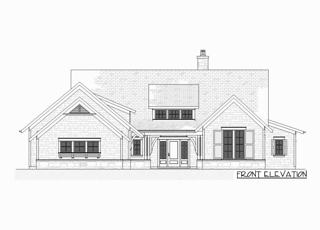 Front elevation drawing of a house plan with gables, dormers, a covered entry, and a stone foundation.