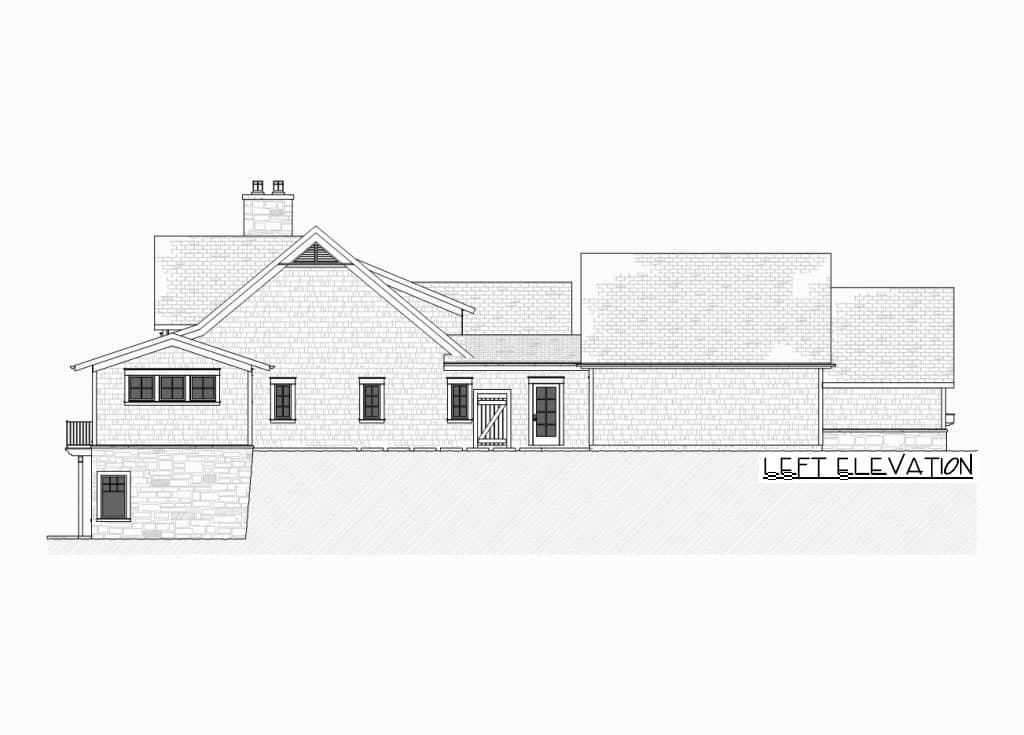 Left elevation house plan. Features a prominent gable roof, stone foundation, chimney, multiple windows, and a braced door.