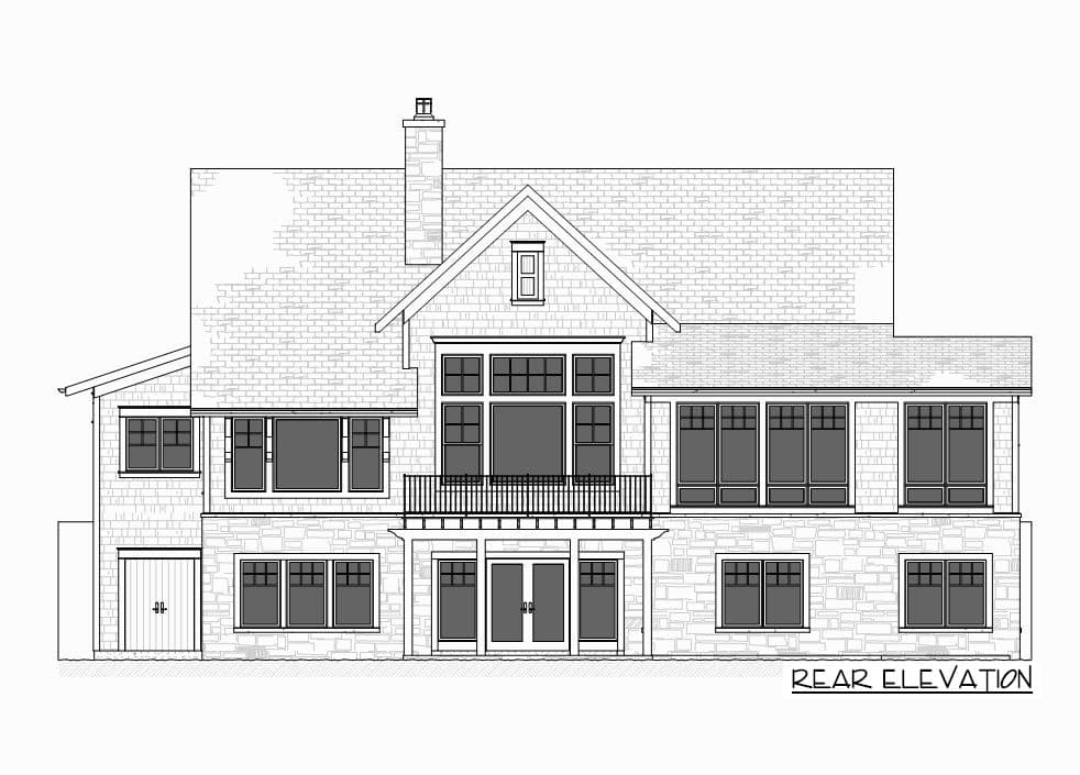 Rear elevation house plan: two-story home with stone and brick facade, multiple gables, prominent chimney, and covered porch.