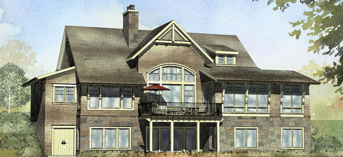 House plan exterior. Two-story Craftsman home with gabled roof, stone facade, covered porch, and second-story balcony.
