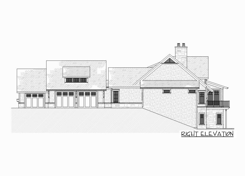 Right elevation house plan showing a multistory home with a five-car garage, gabled dormer, prominent chimney, and second-story balcony.