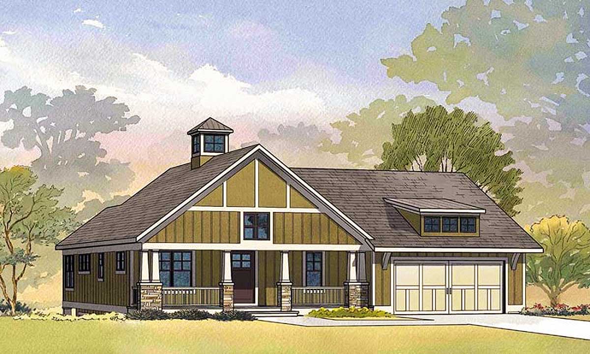 House plan exterior rendering. Features include a Craftsman style design, one story, porch with stone columns, gabled roof, and attached garage.