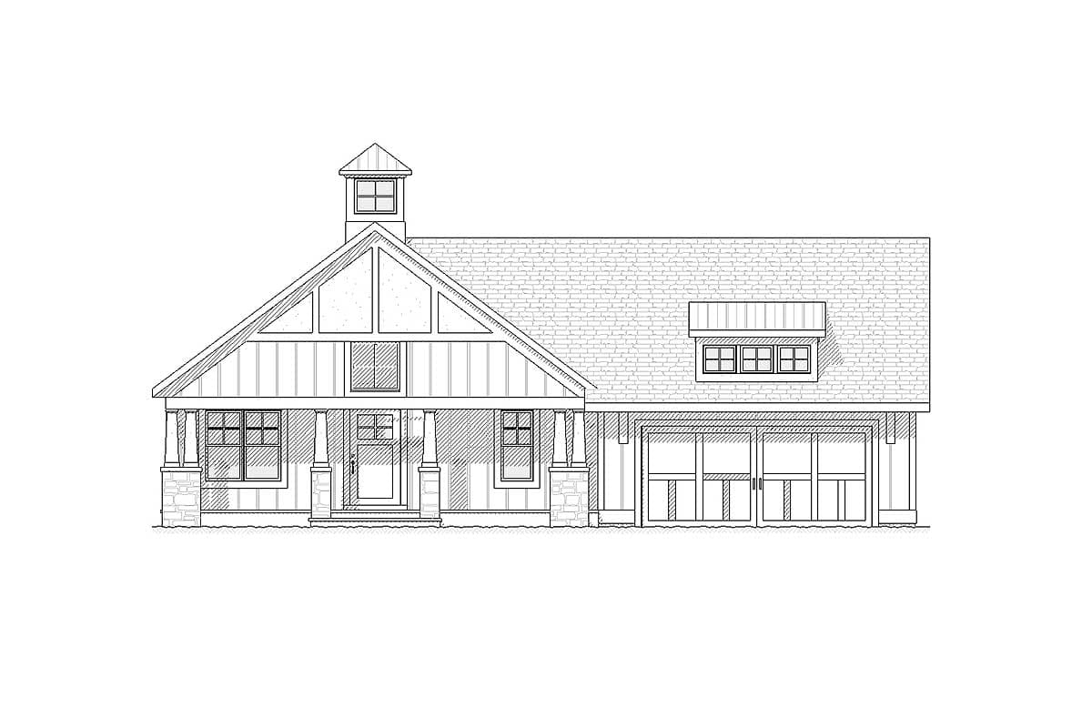House plan exterior: Ranch style with a prominent front gable, covered porch supported by stone-clad columns, and a multi-car garage.