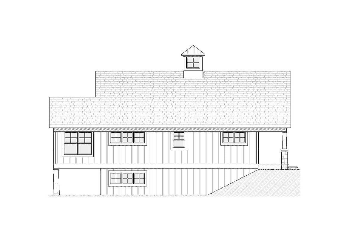 House plan side elevation: Two-story home with dormer, multiple windows, and pitched roof with cupola.