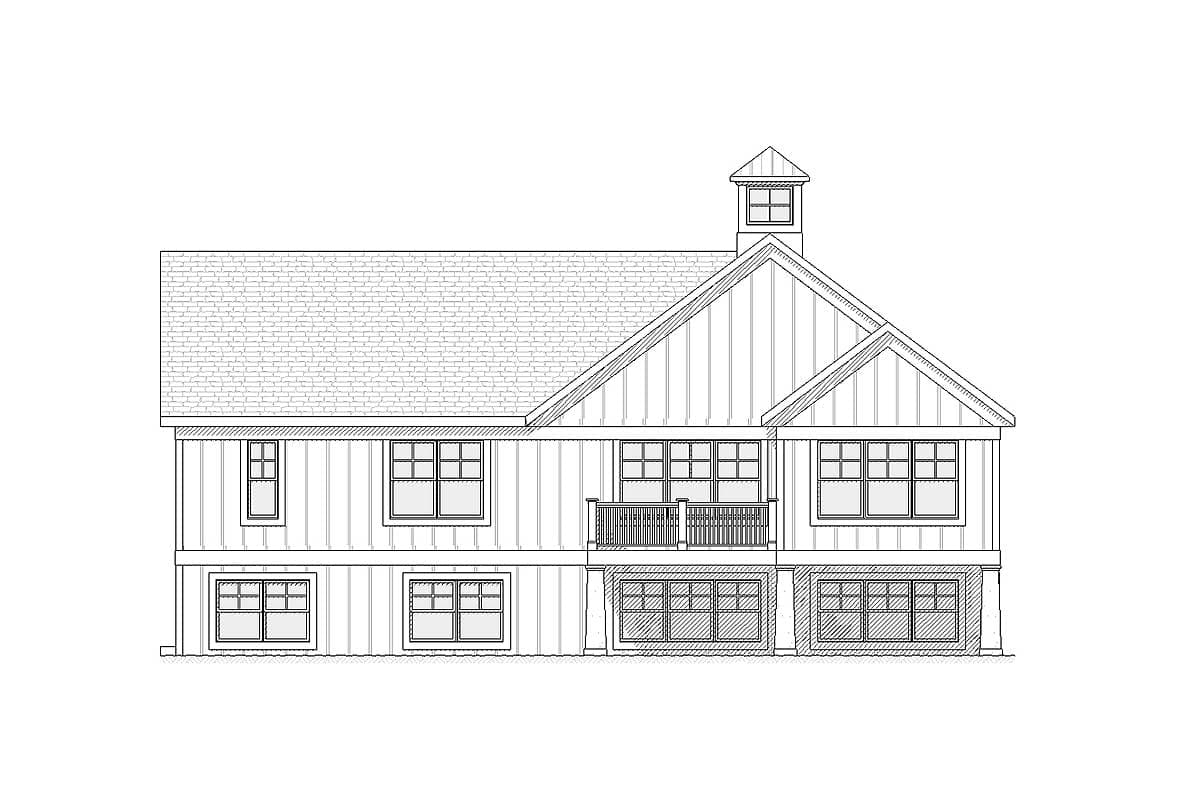 House plan exterior drawing with gabled roof, dormers, central cupola, and a balcony.