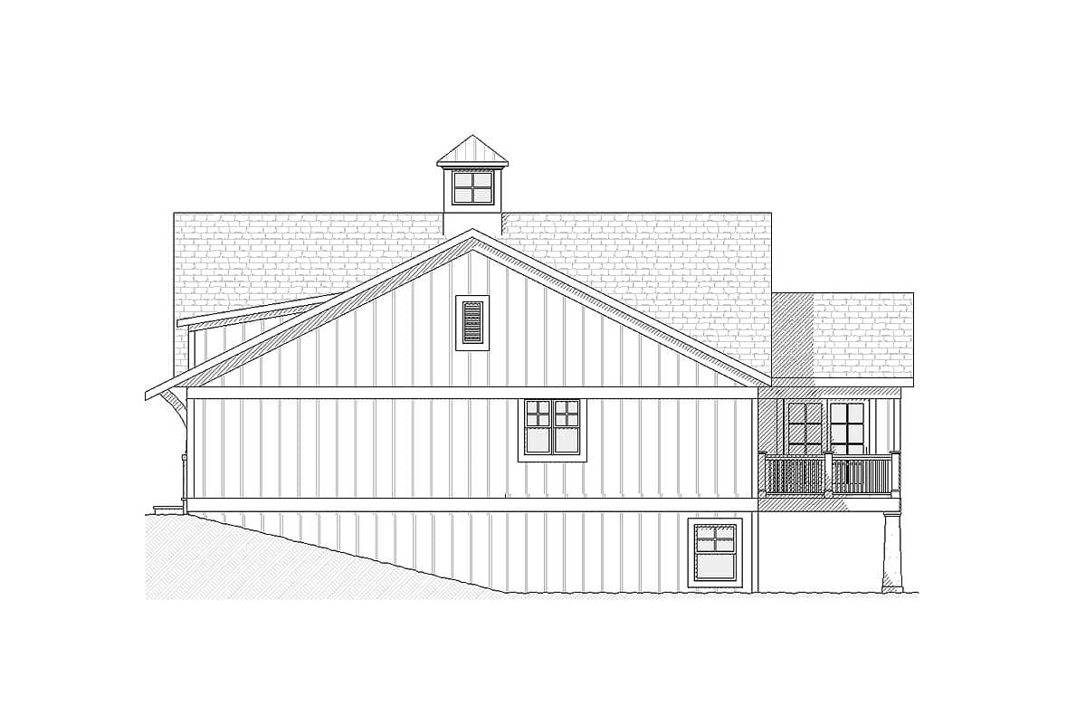 Side elevation house plan with board and batten siding, multiple gables, dormer window, covered porch, and cupola.