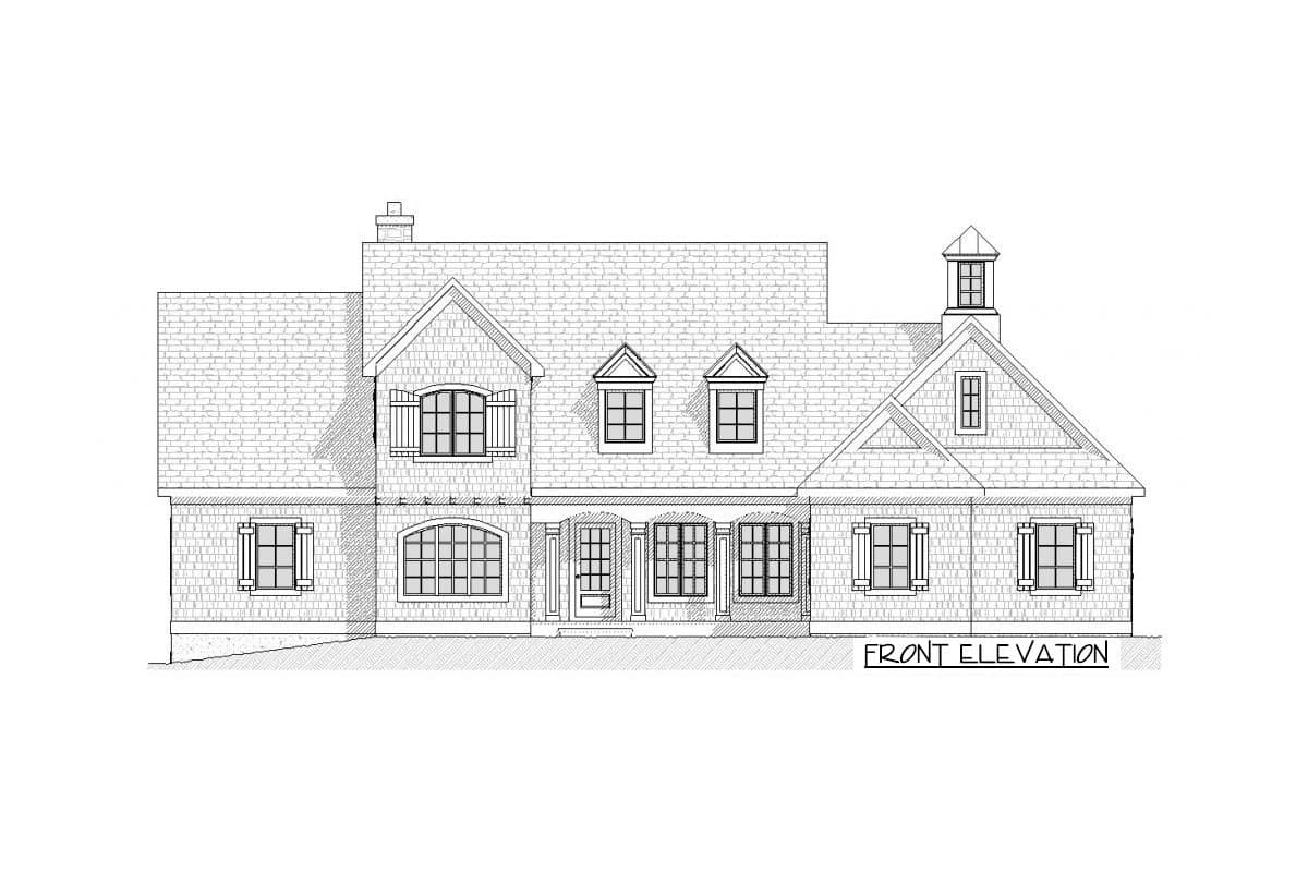 Front elevation drawing of a two-story house plan with a prominent gable, dormers, and a covered entry.