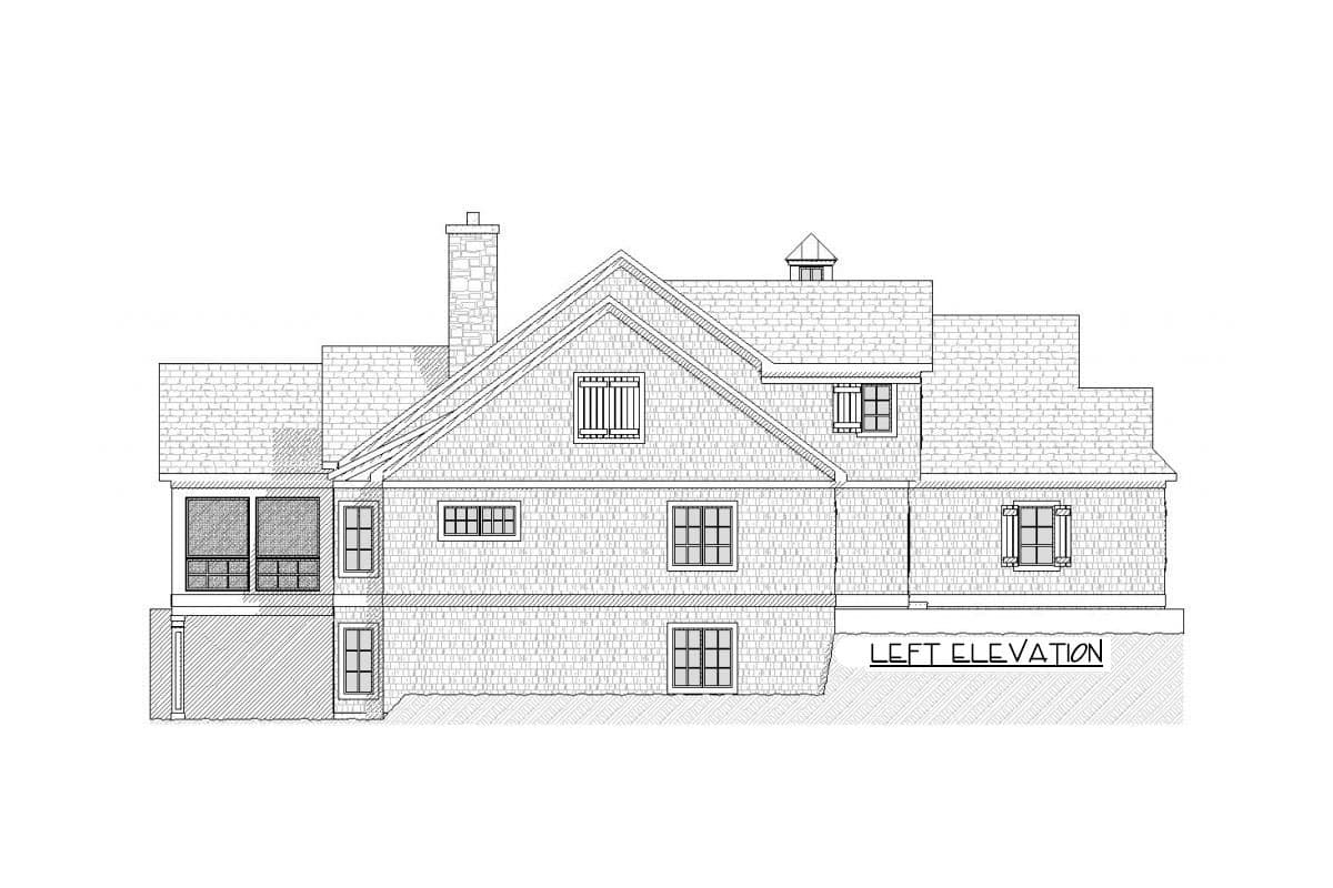 Left elevation house plan drawing showing multiple gables, a chimney, and a screened porch.