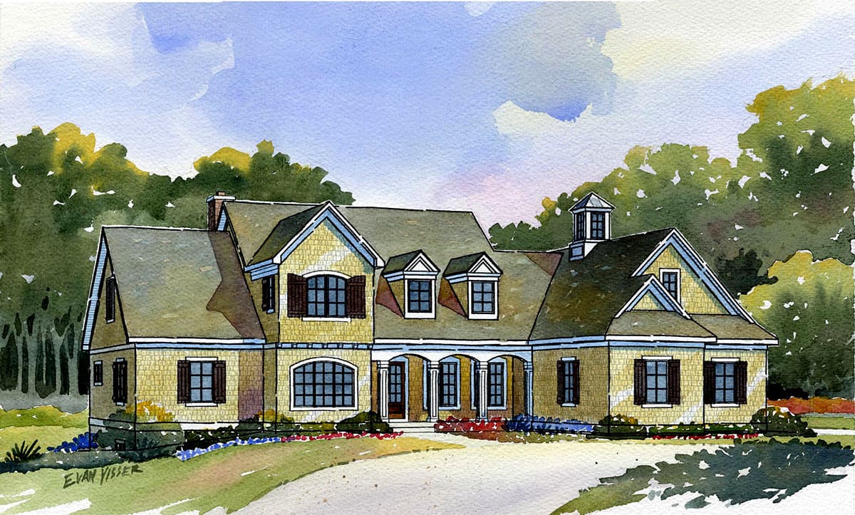 House plan exterior. Two-story home with a gabled roof, dormers, and a columned porch. Features include decorative shutters and a cupola.