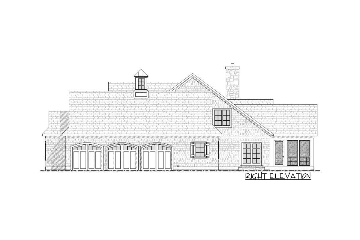 Right elevation drawing of a house plan with a multi-level roof, four arched garage doors, and a chimney.