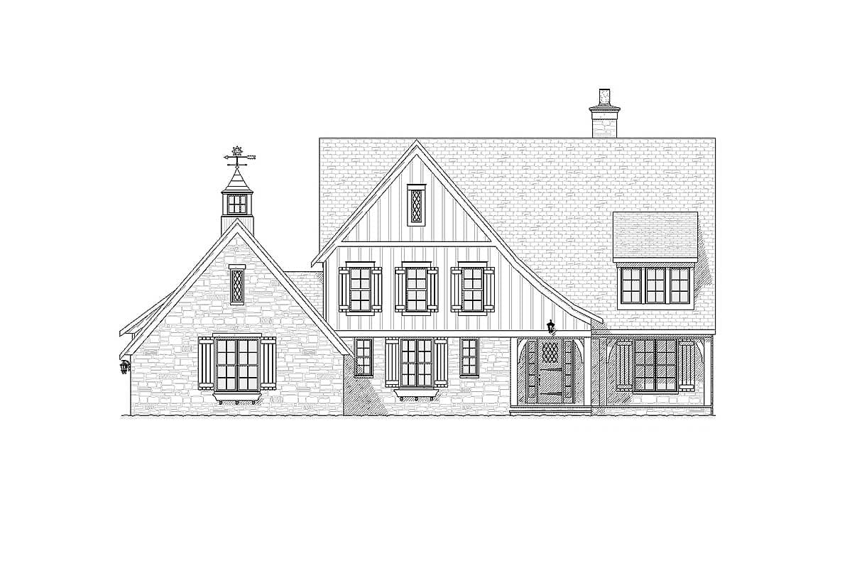 House plan exterior of a two-story building with stone facade, prominent gables, dormers, and a covered front porch.