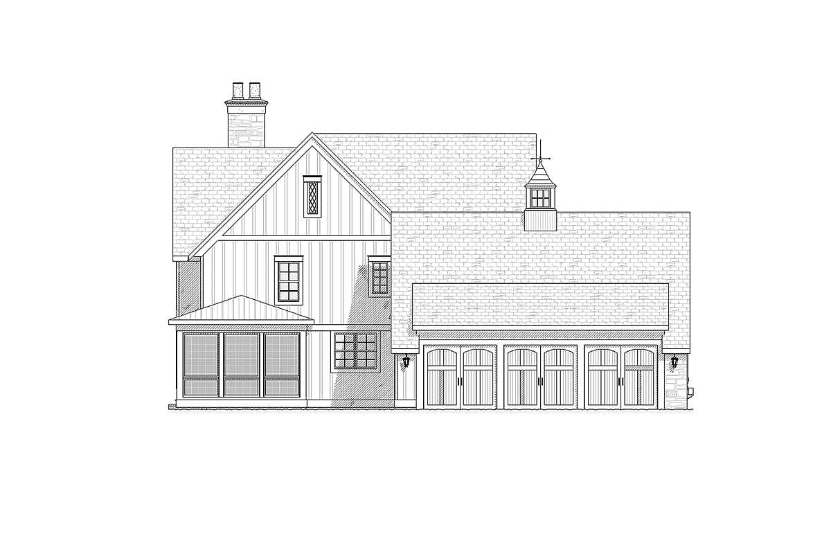 House plan exterior drawing shows a two-story house with a screened porch, gables, dormer, and a four-car garage.