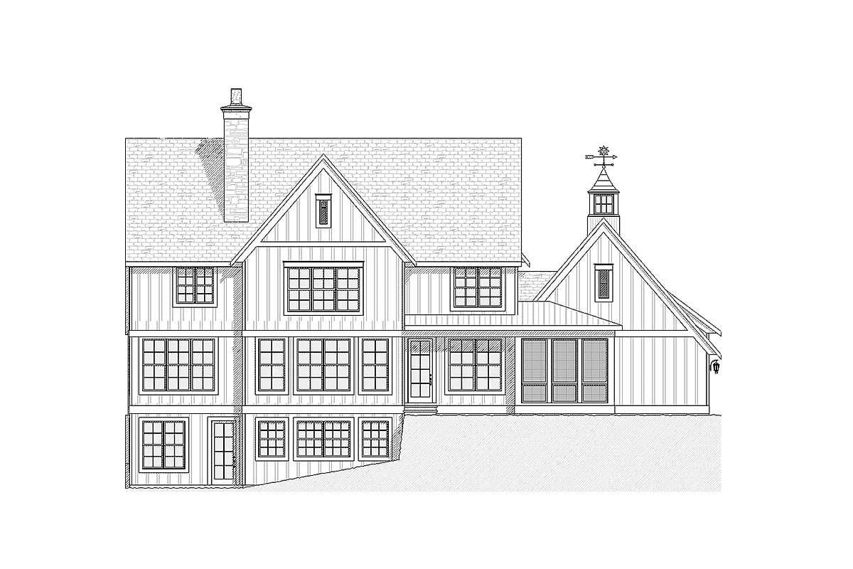House plan exterior elevation of a multi-story modern farmhouse with gables, a cupola, and a prominent chimney.