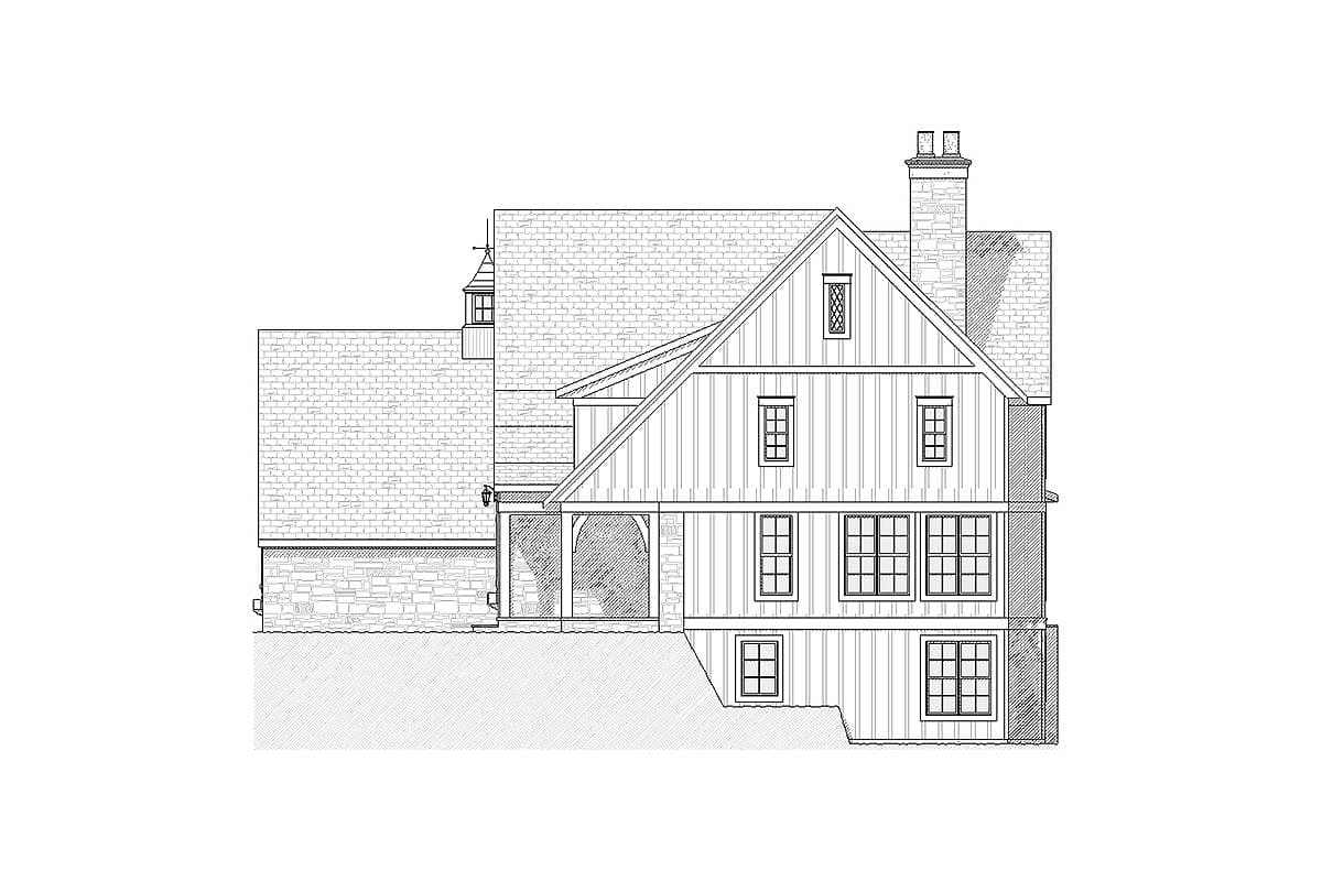 Architectural drawing of a house plan exterior, showing multiple gables, a dormer, covered porch, and stone and board-and-batten siding.