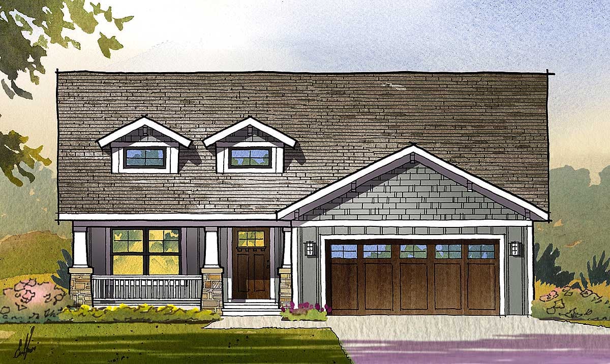 House plan exterior. Craftsman style, one story home with dormers, a porch, and a garage with a gabled roofline.
