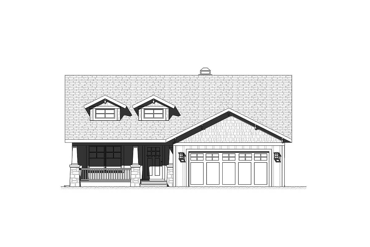 House plan exterior drawing: One-story home with front porch, dormer windows, and a four-car garage.